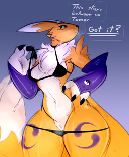 anthro armwear bikini black_bikini black_clothing black_nose black_sclera black_swimwear blue_eyes breasts clothing dialogue dipstick_ears dipstick_tail ear_markings eyelashes female front_view fur genitals looking_at_viewer markings multicolored_ears navel purple_armwear purple_clothing small_breasts solo speech_bubble swimwear tail tail_markings talking_to_viewer text thick_thighs two-piece_swimsuit vulva wide_hips yellow_body yellow_fur monty_smug bandai_namco digimon canid digimon_(species) mammal renamon