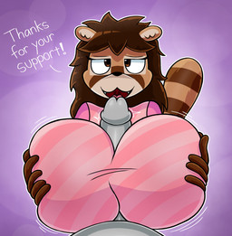 anthro big_penis breast_play breasts brown_body brown_eyes brown_fur brown_hair clothed clothed_sex clothing duo female first_person_view fur genitals grey_body grey_skin hair humanoid_genitalia humanoid_penis inner_ear_fluff looking_at_viewer male male/female markings offscreen_male pattern_clothing pattern_shirt pattern_topwear penis pink_clothing pink_shirt pink_topwear ring_(marking) ringed_tail sex shirt smile striped_clothing striped_markings striped_shirt striped_tail striped_topwear stripes tail tail_markings titfuck topwear tuft spicyredacted sierra_(spicysierra) mammal procyonid raccoon hi_res milestone_celebration