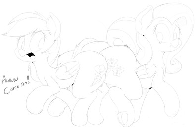 big_butt butt butt_bump butt_envy comparing comparing_butts cutie_mark duo feathered_wings feathers female feral hair hooves huge_butt long_hair looking_back open_mouth text tongue underhoof wings purple_yoshi_draws friendship_is_magic hasbro my_little_pony mythology fluttershy_(mlp) rainbow_dash_(mlp) equid equine mammal mythological_creature mythological_equine pegasus 2015 absurd_res black_and_white english_text hi_res monochrome