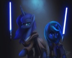 blue_body blue_eyes blue_fur blue_hair blue_lightsaber cloak clothing duo female feral fur hair horn jedi lightsaber long_hair magic melee_weapon teal_eyes weapon raikoh-illust friendship_is_magic hasbro my_little_pony mythology star_wars fan_character princess_luna_(mlp) equid equine mammal mythological_creature mythological_equine unicorn 2014 5:4 crossover