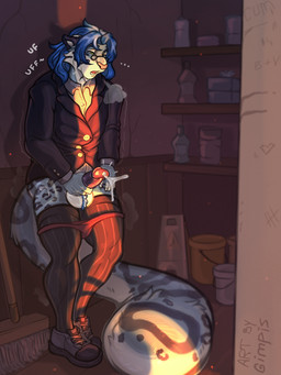 anthro balls clothed clothing erection fur genitals hair male penis solo tail gimpis felid leopard mammal pantherine snow_leopard 3:4 absurd_res hi_res