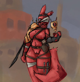 anthro armwear bag bandage bandage_on_face breasts clothing elbow_gloves eye_scar eyewear eyewear_on_head facial_scar female fur genitals gloves goggles goggles_on_head handwear harpoon harpoon_gun looking_at_viewer mature_female melee_weapon nipples nude open_mouth polearm red_body scar shoulder_guards simple_background solo spear straps tail torn_ear vulva weapon alexleviafan rain_world videocult artificer_(rain_world) felid mammal slugcat digital_media_(artwork)