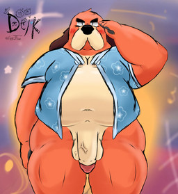 aloha_shirt anthro balls belly big_belly clothed clothing floral_print genitals gesture humanoid_genitalia humanoid_penis looking_at_viewer male muscular muscular_arms nude open_clothing open_shirt open_topwear overweight partially_clothed pattern_clothing pattern_shirt pattern_topwear penis salute shirt simple_background solo thick_thighs topwear ugly-rat15508 brawl_stars supercell_(company) ruffs_(brawl_stars) canid canine canis domestic_dog mammal digital_media_(artwork) hi_res