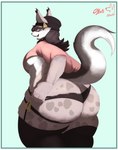 anthro big_butt border breasts butt clothed clothing curvy_figure female hair hat headgear headwear huge_butt kemono looking_at_viewer looking_back open_mouth open_smile overweight overweight_female simple_background slightly_chubby slightly_chubby_female smile solo thick_thighs under_boob voluptuous warning_symbol white_border wide_hips cyan_asdf amaverse helewise felid feline lynx mammal absurd_res hi_res