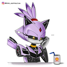 accessory anthro black_inner_ear black_sclera container cup drinking_straw ellipsis female forehead_gem gem hair hair_accessory hairband instagram_logo machine mug purple_body purple_ears purple_hair red_gem red_hairband simple_background solo text three-quarter_view vehicle wheel white_background yellow_eyes book_subtraction audi hasbro instagram sega shell_(company) sonic_the_hedgehog_(series) takara_tomy transformers blaze_the_cat domestic_cat felid feline felis living_machine living_vehicle mammal robot robot_anthro 2026 artist_name colored crossover digital_media_(artwork) hi_res shaded