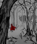 cloak clothing detailed_background duo female feral forest outside plant silhouette size_difference solo_focus tree walking wood allytha fairy_tales little_red_riding_hood_(copyright) big_bad_wolf little_red_riding_hood canid canine canis mammal wolf black_and_white_and_red spot_color