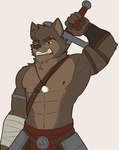 abs alpha_channel anthro bandage bandaged_arm brown_eyes canid canine canis clenched_teeth erof_(far_beyond_the_world) ghosty_cult holding_object holding_sword holding_weapon jewelry male mammal melee_weapon muscular muscular_anthro muscular_male nipples pendant shirtless shirtless_anthro shirtless_male simple_background solo standing sword sword_on_back teeth transparent_background weapon wolf
