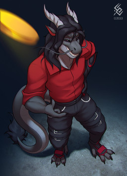 anthro black_bottomwear black_clothing black_hair black_pants black_sclera bottomwear chain clothed clothing fangs glistening glistening_eyes grey_body grin hair hand_on_hip horn logo long_hair looking_at_viewer male male_anthro pants red_clothing red_eyes red_shirt red_topwear ridged_horn shirt smile solo standing teeth text topwear white_horn cereus93 mythology dragon mythological_creature mythological_scalie scalie absurd_res artist_logo artist_name hi_res