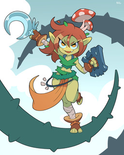 bottomwear clothing cloud day feet female fingerless_gloves fingers footwear fungus gloves green_body green_skin hair handwear holding_object humanoid_pointy_ears loincloth long_hair mushroom not_furry open_mouth plant pointy_ears shield solo toes vines yellow_eyes nildenada goblin humanoid 2022 absurd_res hi_res signature