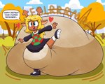 absurd_res anthro autumn big_diaper blonde_hair bottomwear city city_background clothing deer deltarune dialogue diaper diaper_under_skirt excessive_feces feces female hair hi_res hyper hyper_feces mammal messy messy_diaper new_world_deer noelle_holiday nyxiettenyxstar reindeer skirt soiled_diaper soiling solo unclean_diaper undertale_(series) used_diaper