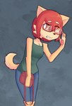 anthro bodily_fluids choker clothed clothing eyewear female fur glasses green_clothing green_topwear hair jewelry necklace orange_eyes pawpads purse red_hair solo sweat teeth_showing topwear bullyableshiba ellie_rinette canid canine canis domestic_dog mammal shiba_inu spitz 2022