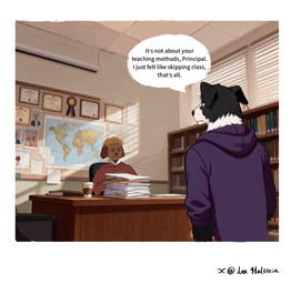 anthro award award_ribbon black_body black_fur book bookshelf certificate clothing desk detailed_background dialogue diploma ear_piercing fur furniture hoodie inside male map paper paper_stack piercing poster school solo table text topwear wood wood_desk wood_furniture world_map lee_halstein canid canine canis domestic_dog mammal absurd_res comic english_description english_text hi_res