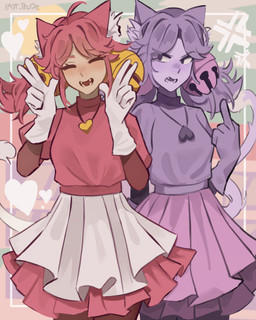 ahoge animal_ears bottomwear clothed clothed_female clothed_humanoid clothing duo fangs female fully_clothed fully_clothed_female fully_clothed_humanoid gloves hair hair_bell handwear heart_necklace inner_ear_fluff light_body light_skin pink_clothing pink_hair pink_topwear purple_body purple_clothing purple_hair purple_skin skirt tail teeth topwear tuft white_bottomwear white_clothing white_gloves white_handwear white_skirt liatudes deltarune undertale_(series) irritable_ghost_(deltarune) mad_mew_mew mew_mew_(undertale) pink_(deltarune) animal_humanoid cat_humanoid felid felid_humanoid feline feline_humanoid humanoid mammal mammal_humanoid 2026 4:5 absurd_res hi_res
