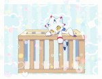 anthro bodily_fluids claws crib escape escaping horn humor kerchief male neckerchief neckwear solo sweat white_body yellow_eyes runapiero00 bandai_namco digimon digimon_ghost_game digimon_(species) gammamon scalie