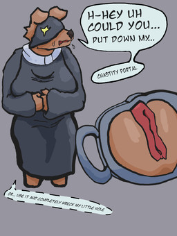 anthro bodily_fluids clothed clothing collar covered_eyes dialogue drooling female genitals grey_background nervous nervous_sweat nun nun_outfit penetrable_sex_toy portal portal_fleshlight saliva sex_toy simple_background solo sweat text thinking_with_portals vulva ails absurd_res english_text hi_res