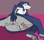 anthro anus balls blue_body blue_fur butt fur genitals green_eyes lying male multicolored_body multicolored_fur penis simple_background solo spread_butt spreading tail tongue tongue_out two_tone_body two_tone_fur white_body white_fur zadirtybish sergal 2018 digital_media_(artwork) signature