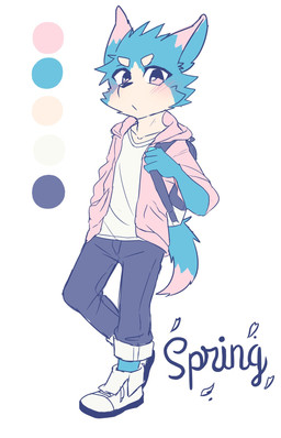 anthro backpack bag blue_body blue_fur blush clothing color_swatch footwear fur hoodie kemono looking_at_viewer male markings pink_eyes pink_markings shirt shoes simple_background sneakers solo spring t-shirt text topwear white_background young young_anthro young_male tarobandit canid canine canis domestic_dog mammal english_text hi_res