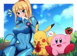 blonde_hair bodysuit breasts clothed clothing eating female food fruit fur grass group hair maxim_tomato plant sandwich_(food) skinsuit tight_clothing tomato trio yellow_body yellow_fur zero_suit wata-ridley kirby_(series) metroid nintendo pokemon kirby samus_aran alien generation_1_pokemon human mammal pikachu pokemon_(species) waddling_head 2022 crossover