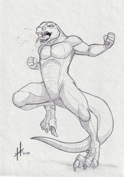 action_pose anthro athletic athletic_anthro athletic_male bodily_fluids claws dripping empty_eyes fangs featureless_crotch male male_anthro nude open_mouth pose saliva saliva_drip saliva_string simple_background solo teeth toe_claws tongue tongue_out hufnaar scalie 2017 absurd_res dated hi_res monochrome sketch