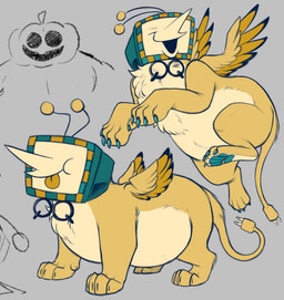 anthro belly brown_body brown_fur electronics for_a_head fur grey_background male overweight pumpkin_head screen screen_face simple_background solo television wings thedragonlair77 deltarune mythology undertale_(series) jackenstein sphinx_tenna_(deltarune) tenna_(deltarune) darkner felid mammal mythological_creature mythological_sphinx object_head screen_head tv_head 2025