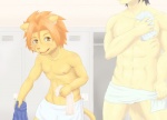 anthro duo locker locker_room male towel reizohozon morenatsu kyouji_(morenatsu) soutarou_(morenatsu) bird_dog canid canine canis domestic_dog felid hunting_dog labrador lion mammal pantherine retriever 2015 digital_media_(artwork)