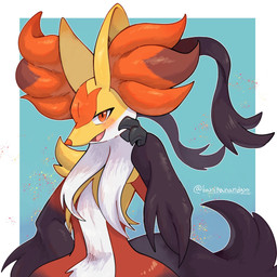 ambiguous_gender anthro biped black_body black_fur black_tail blue_background blush border fingers fluffy fluffy_tail fur huge_hips inner_ear_fluff long_ears long_tail nude open_mouth pink_tongue red_body red_eyes red_fur red_inner_ear_fluff red_nose simple_background small_waist solo standing tail tongue tuft white_body white_border white_fur wide_hips yellow_body yellow_ears yellow_fur baniranandayo nintendo pokemon pokemon_legends_z-a generation_9_pokemon mega_delphox mega_evolution pokemon_(species) 1:1 2025 hi_res