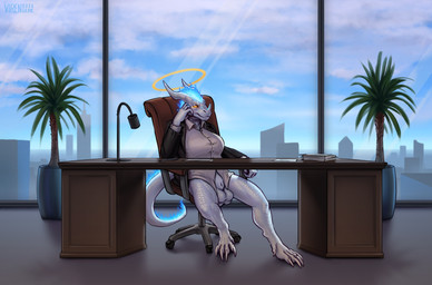 animal_genitalia anthro balls big_breasts blue_flames boss breasts building chair claws desk fully_sheathed furniture genitals glowing gynomorph halo intersex multi_balls multi_genitalia nipples non-mammal_breasts non-mammal_nipples office office_chair office_clothing office_lady penis quads sheath skyscraper solo table white_balls virensere mythology andras angel dragon mythological_creature mythological_scalie scalie absurd_res hi_res