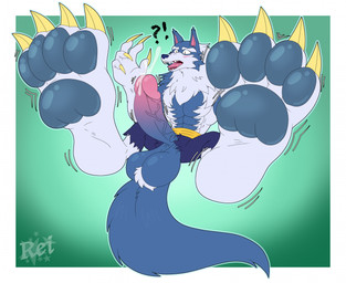 4_toes 5_fingers abs anthro ball_tuft balls bar_emanata barefoot big_balls big_feet big_penis blue_body blue_fur blue_pawpads blush blush_lines bodily_fluids bottomwear claws clothed clothing ears_up emanata erection exclamation_point eyebrows fangs feet fingers fluffy fluffy_tail foot_fetish foot_focus fur genital_fluids genitals glans gradient_background hair huge_balls huge_feet huge_penis humanoid_genitalia humanoid_penis hyper hyper_feet interrobang male mostly_nude muscular muscular_anthro muscular_male neck_tuft open_mouth pants pants_only pawpads paws pecs penis penis_through_clothing pink_glans plantigrade plantigrade_pawpads precum simple_background soles solo surprised tail technically_nude teeth thick_eyebrows thick_pawpads toe_claws toes tongue topless torn_bottomwear torn_clothing torn_pants tuft white_body white_fur trinitylight capcom darkstalkers mythology jon_talbain canid canine canis mammal mythological_canine mythological_creature werecanid werecanine werecreature werewolf wolf digital_media_(artwork) hi_res