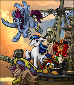 bracelet bucket cleaning_tool clothing container feathered_wings feathers female feral flying gold_(metal) group hair horn jewelry knife male mop pirate red_hair ring ship vehicle watercraft wings harwick friendship_is_magic hasbro my_little_pony mythology fan_character shining_armor_(mlp) equid equine mammal mythological_creature mythological_equine pegasus unicorn 2015 hi_res