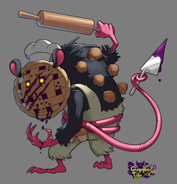 3_toes 4_fingers anthro arms_bent black_body black_fur chef_hat clothing empty_eyes feet fingers food food_on_face food_on_head fur glowing glowing_eyes grey_background grey_body grey_fur hat hat_only headgear headgear_only headwear headwear_only holding_object holding_rolling_pin holding_spatula holding_tool hunched_back icing light long_tail male male_anthro mostly_nude mostly_nude_anthro mostly_nude_male muffin multicolored_body pie_(food) pie_on_head pink_feet pink_inner_ear pink_tail pose simple_background solo spatula standing tail tail_around_waist tail_holding_object text toes tools white_clothing white_hat white_headwear yellow_sclera inkarat_mittongtare grimmlins_tale druripper grimmlin mammal marsupial 2022 absurd_res clip_studio_paint_(artwork) colored digital_drawing_(artwork) digital_media_(artwork) english_description english_text full-length_portrait hi_res lighting official_art portrait shaded