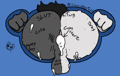 anthro anus balls black_body black_fur black_tail bodily_fluids butt cum cum_inside cum_on_butt freckled_butt freckles fur genital_fluids genitals grey_body grey_fur male questionable_consent solo split_color stuck tail tally_marks text through_wall white_body white_fur stupidassmutt zepheras canid canine canis domestic_dog mammal