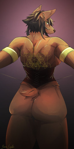 abs anthro back_muscles big_breasts big_butt bodily_fluids breasts brown_body brown_fur butt clothed clothing corset female fur hair lingerie looking_at_viewer muscular muscular_anthro muscular_female nipples nude simple_background smile solo tail tattoo thick_thighs topwear lisikazima cervine deer mammal 1:2 digital_media_(artwork)