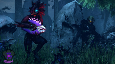 ambush anthro arm_feathers arm_tuft armor blue_eyes crouching dark digitigrade duo faceless_character faceless_human faceless_male feather_hair feathered_crest feathers female full_armor glowing glowing_eyes grass gun head_crest headgear helmet hiding holding_gun holding_object holding_ranged_weapon holding_weapon male needler outside plant pseudo_hair ranged_weapon red_body red_feathers shotgun solo_focus spurs_(anatomy) standing tree tuft weapon gdbr-1 pickle_juice_(modeler) halo_(series) microsoft xbox_game_studios master_chief alien avian human kig-yar mammal scalie t'vaoan 16:9 3d_(artwork) 4k absurd_res colored digital_media_(artwork) hi_res widescreen