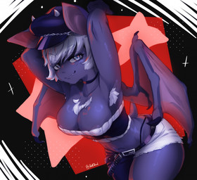 anthro areola armpit_hair bangs belt black_belt body_hair bottomwear chest_tuft choker clothing collarbone crop_top female grey_hair hair hands_behind_head hat headgear headwear jewelry looking_at_viewer membrane_(anatomy) membranous_wings navel necklace shirt short_hair short_tail shorts smile solo tail thong topwear tuft underwear white_bottomwear white_clothing white_hair white_shorts wings vallshad bat mammal 2025 colored colored_sketch digital_drawing_(artwork) digital_media_(artwork) hi_res shaded sketch