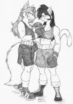 2012 anthro athletic athletic_anthro athletic_female big_breasts black_hair boots bottomwear boxing boxing_gloves bra breasts canid canine canis cleavage clothed clothing deborah_bispo domestic_cat duo eye_contact eyebrows eyelashes felid feline felis female female/female footwear fur gloves graphite_(artwork) hair handwear inner_ear_fluff interspecies long_hair looking_at_another luka_cross mammal midriff monochrome muscular muscular_anthro muscular_female pencil_(artwork) shoes shorts smile smirk sport sports_bra standing traditional_media_(artwork) tuft underwear wendel_fragoso wolf