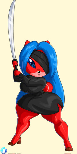 anthro blue_eyes blue_hair clothing costume female footwear hair melee_weapon one_eye_obstructed shoes solo sword tail weapon vanillabeangoat cricetid hamster mammal rodent hi_res