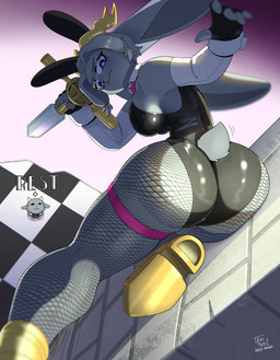 anthro antlers big_breasts big_butt big_ears blue_eyes breasts bunny_costume butler butt clothing costume duo female female_focus fishnet_clothing fishnet_leggings fishnet_legwear footwear fur grey_body grey_fur holding_melee_weapon holding_object holding_weapon horn leggings legwear leotard long_ears male melee_weapon shoes short_tail solo_focus tail thick_thighs weapon arzy_parzy pseudoregalia butler_(pseudoregalia) sybil_(pseudoregalia) bovid caprine goat hybrid jackalope lagomorph mammal hi_res