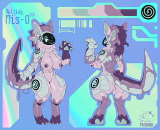anthro breasts female genitals latex latex_body liquid_latex machine pawpads paws protogen_armor protogen_visor purple_body purple_latex solo vulva flightov mis-0_(character) goo_creature protogen hi_res model_sheet
