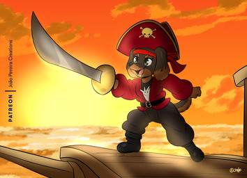 anthro female melee_weapon pirate ship solo sunset sword vehicle watercraft weapon joaoppereiraus canid canine canis domestic_dog mammal hi_res