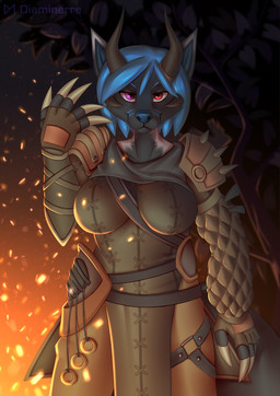 5_fingers armor blue_hair breasts claws clothed clothing costume dark female fingers fire hair heterochromia horn jewelry leather leather_armor ring solo sparkles warrior diaminerre canid canine canis mammal wolf portrait three-quarter_portrait