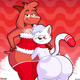 angry anthro big_butt black_nose blush breasts butt christmas_clothing clothing dipstick_tail duo ear_piercing female floppy_ears fur half-closed_eyes holidays horn huge_butt legwear looking_at_viewer looking_back male markings narrowed_eyes piercing red_background red_body red_clothing red_eyes red_fur red_legwear red_stockings red_tail_tip simple_background smile stockings tail tail_markings thick_thighs white_body white_fur wide_hips loonynub christmas junipurr luna_(loonynub) bovid caprine domestic_cat felid feline felis goat mammal 1:1 2024 dated hi_res