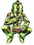 crouching green_body male not_furry simple_background solo white_background yellow_eyes young hirohiko_araki jojo's_bizarre_adventure echoes_act3 humanoid stand_(jjba) digital_media_(artwork) official_art