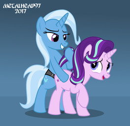 dildo duo female female/female feral horn on_model open_mouth sex_toy smile strapon tail tail_pull metalhead97 friendship_is_magic hasbro my_little_pony mythology starlight_glimmer_(mlp) trixie_(mlp) equid equine horse mammal mythological_creature mythological_equine pony unicorn absurd_res hi_res