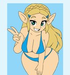 big_breasts bikini breasts clothing curvy_figure female gesture hand_gesture hourglass_figure humanoid_pointy_ears not_furry pointy_ears solo swimwear two-piece_swimsuit v_sign wide_hips orcaverde nintendo the_legend_of_zelda princess_zelda elf humanoid hylian absurd_res hi_res