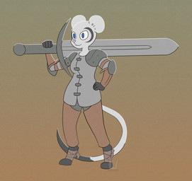 anthro armor blue_eyes breasts clothed clothing dipstick_tail feet female fur grey_body grey_fur happy holding_object holding_weapon markings melee_weapon pink_nose solo standing sword tail tail_markings weapon rabbitinafoxden mammal mouse murid murine rodent hi_res watermark