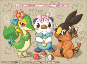 accessory anthro black_eyes bow_(feature) bow_accessory bow_ribbon brown_eyes centered_hair_bow female feral floral flower flower_accessory flower_hair_accessory flower_on_head furgonomics group hair_accessory hair_bow hair_ribbon heart_background heart_symbol kemono plant pokeball ribbons simple_background standard_pokeball starter_trio tail tail_accessory tail_bow tail_ribbon text trio twin_bows twin_hair_bows kame_3 nintendo pokemon generation_5_pokemon mammal mustelid oshawott pokemon_(species) reptile scalie snivy suine tepig 2010 english_text japanese_description
