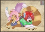 anthro border candy chocolate clothed clothing dessert dipstick_tail duo eyes_closed female food hair lying markings on_front open_mouth orange_border pink_hair red_eyes red_hair tail tail_markings conditional_dnp fluff-kevlar ceph yuuri_(character) canid canine fox mammal procyonid raccoon digital_media_(artwork)