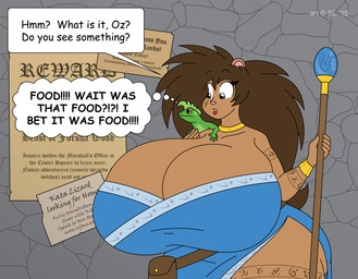 anthro big_breasts big_butt breasts brown_eyes brown_hair butt clothing copyright_symbol curvy_figure dialogue dialogue_box female hair huge_breasts hyper hyper_breasts markings satchel sign solo staff symbol text thick_thighs thought_bubble voluptuous satsumalord ariel_(satsumalord) eulipotyphlan hedgehog lizard mammal reptile scalie 2015 comic_sans digital_media_(artwork) english_text