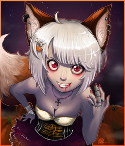 blood bodily_fluids border breasts cleavage clothed clothing costume ear_piercing fangs female food foreshortening front_view fruit grin hair holidays looking_at_viewer orange_border piercing plant pumpkin red_eyes smile solo tail teeth white_hair liea halloween animal_humanoid canid canid_humanoid canine canine_humanoid fox fox_humanoid humanoid hybrid mammal mammal_humanoid vampire