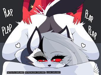 5_fingers anthro black_nose blush blush_lines bodily_fluids bottomless bottomless_anthro butt clothed clothing cum duo eyebrows eyelashes female female_penetrated fingers genital_fluids male male/female male_penetrating male_penetrating_female nude_male penetration pillow plap pupils red_sclera sex shirt slit_pupils tail text topwear white_eyes carliabot hellaverse helluva_boss mythology loona_(helluva_boss) moxxie_(helluva_boss) canid canid_demon canine demon hellhound imp mammal mythological_canine mythological_creature 2025 4:3 url